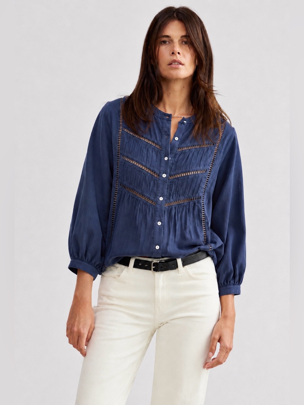 NWT Maye Paloma Cotton Button-Up Pintuck Shirt in French Navy | Size XS (US 2-4)
